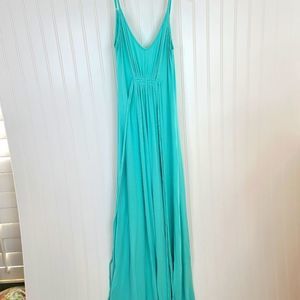 Moda International Aqua Cotton Jersey Knit, stretchy Maxi dress with pleats .